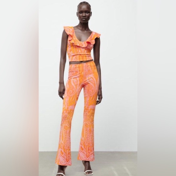 ZARA Rare Orange Pink Paisley Ruffle Crop Blouse Size L NWT Sleeveless Boho Top - Picture 4 of 8